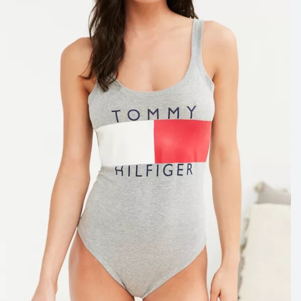 Tommy Hilfiger Gray One-Piece Swimsuit with Red and White Accents